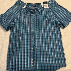 Izod Teal and Navy Plaid Short-Sleeve Button-Down Shirt